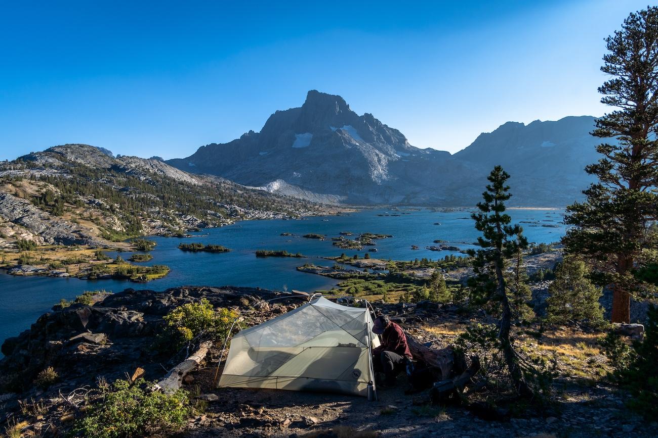 Big Agnes tent overlooking Thousand Island Lake in the Sierras