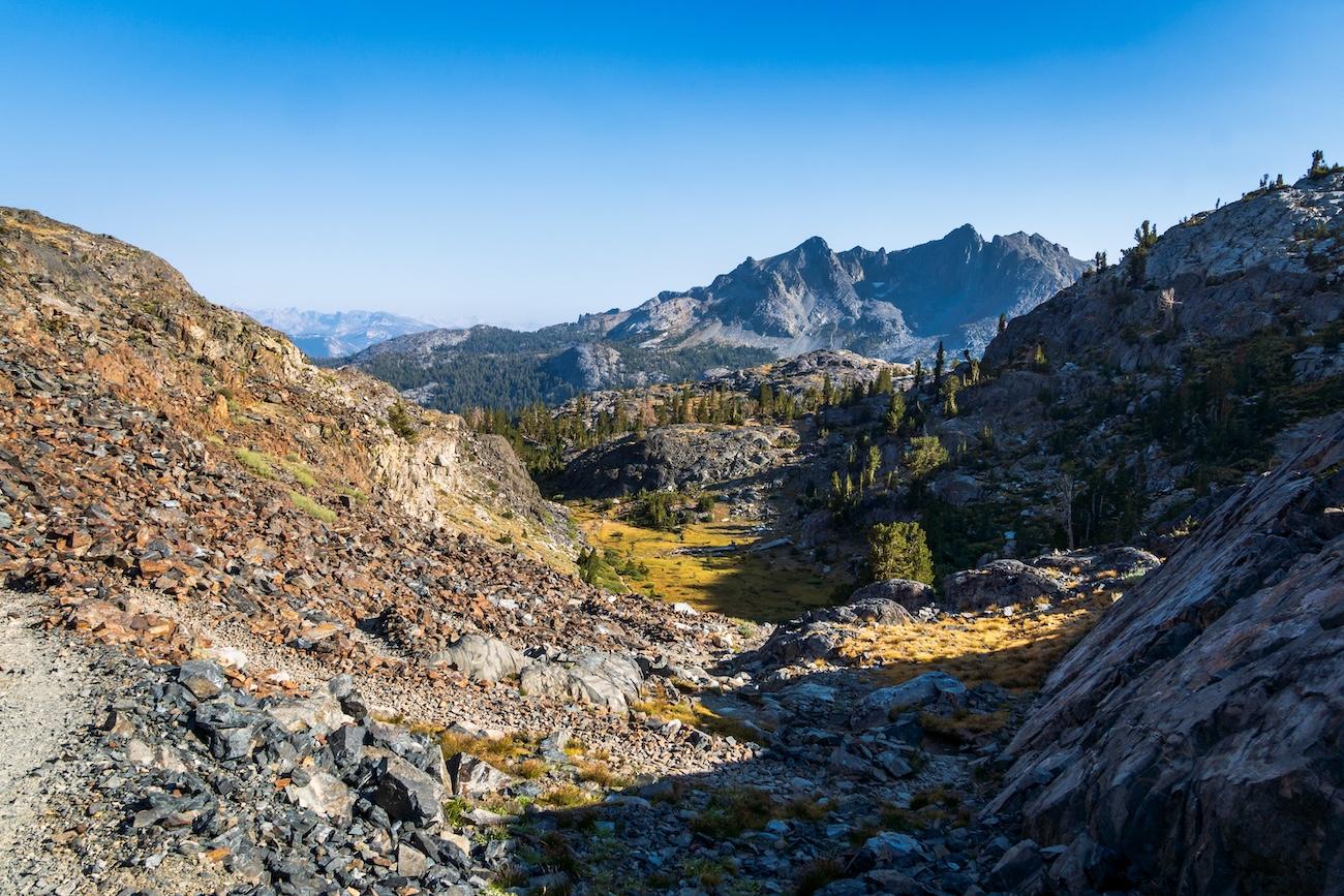 Looking back on the trail to Ediza Lake in the Sierras.