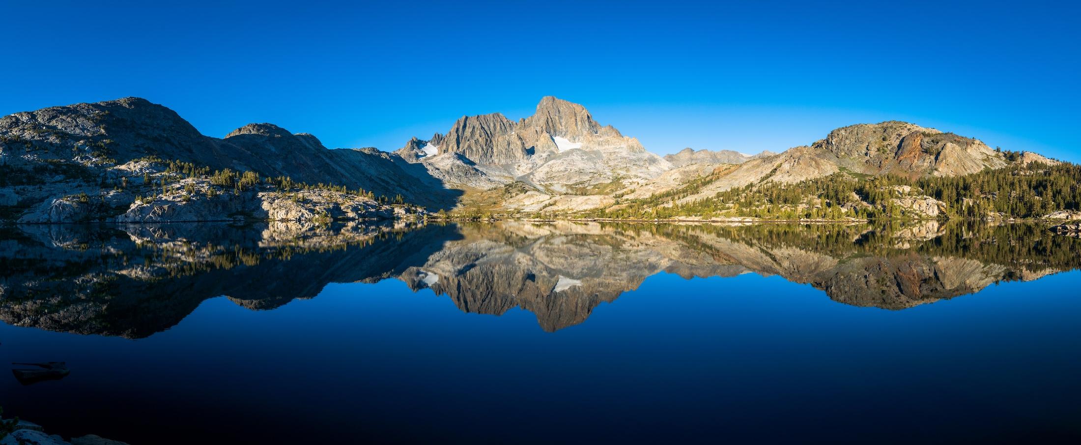 A panoramic reflection shot of Garnet Lake in the Sierra.  Photo by Brock Dallman