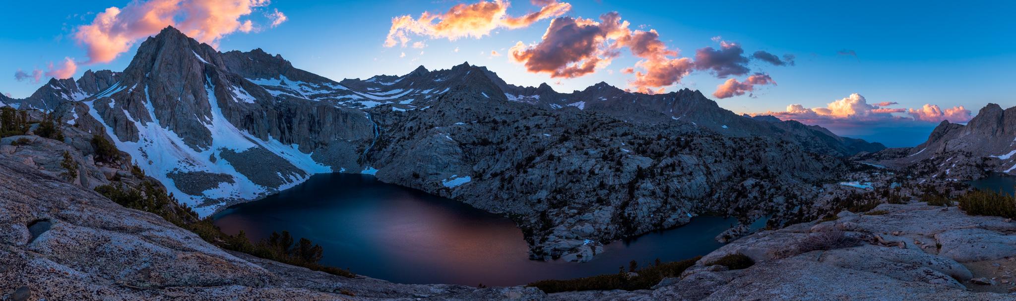 Panoramic shot of a sunset over Hungry Packer Lake in the Sabrina Basin.  Photo by Brock Dallman