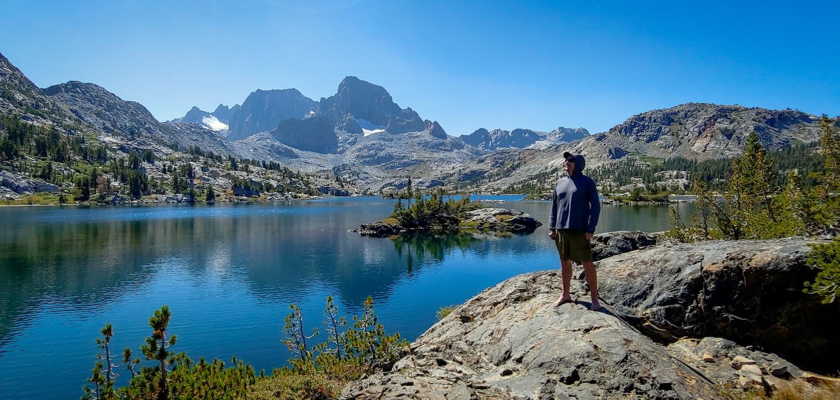 Brock Dallman on an island at Garnet Lake in the Sierras