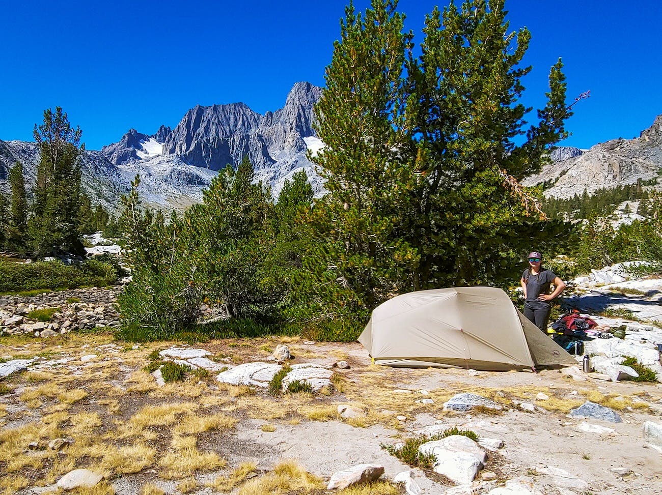 Sam Stych and tent at Garnet Lake in the Sierras