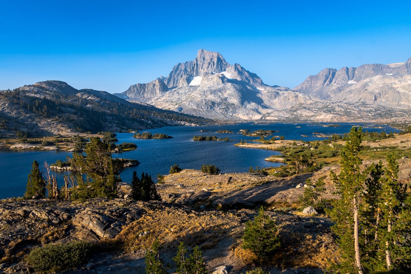 Big Agnes tent overlooking Thousand Island Lake in the Sierras
