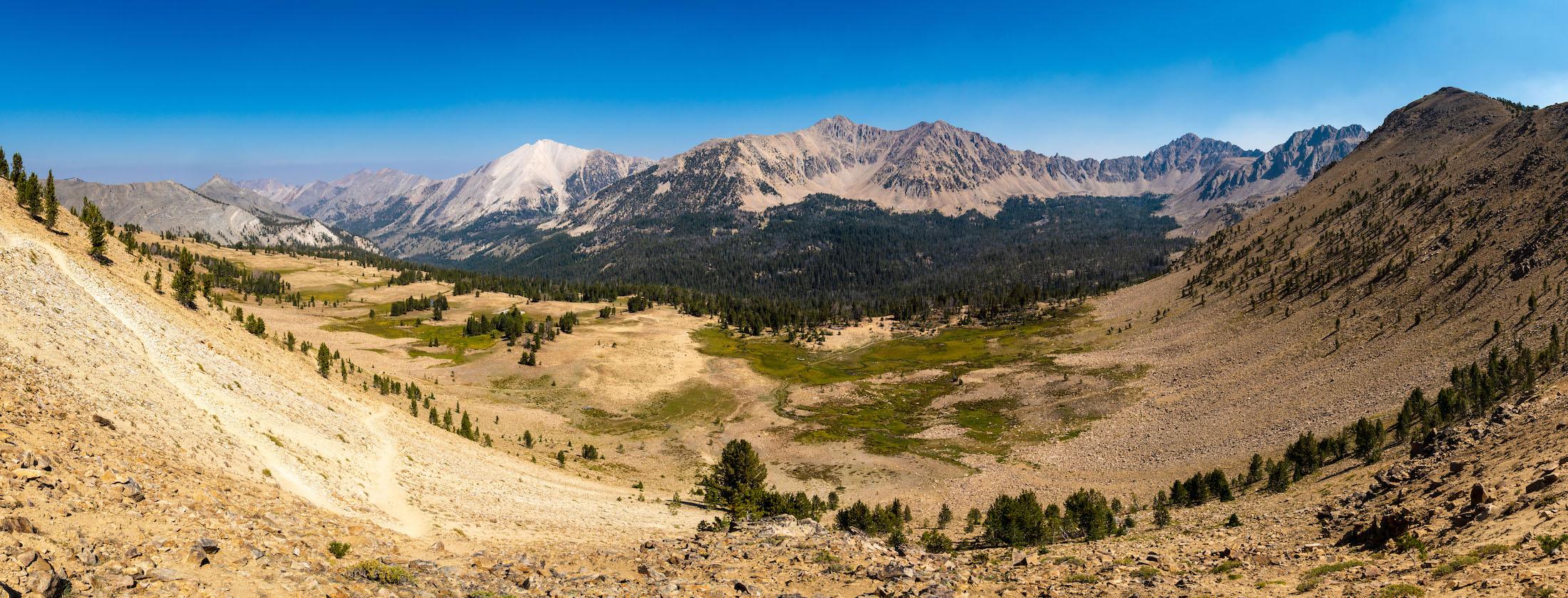 A panorama of the Ants Basin on the White Clouds Loop trail in Idaho