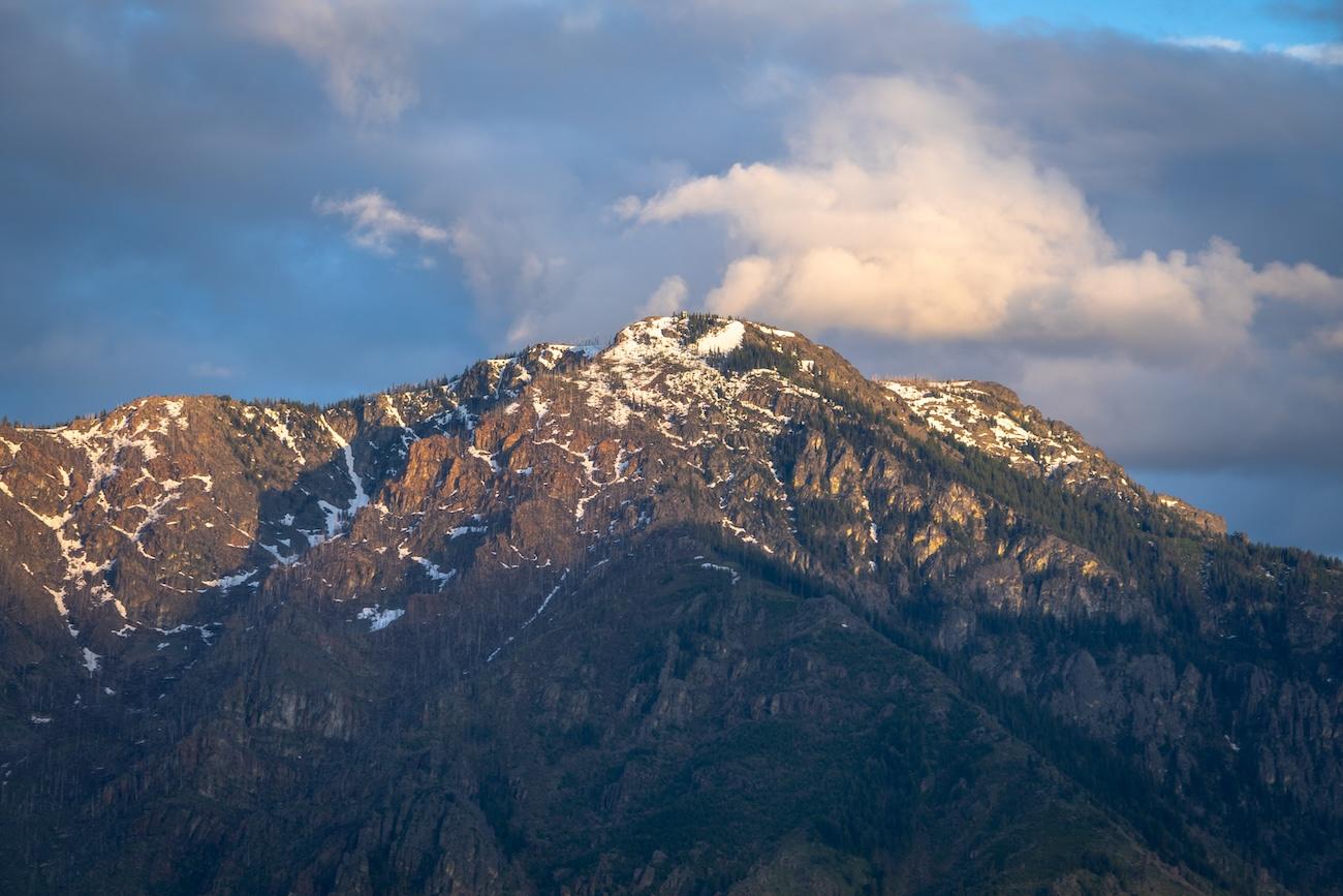 Closeup of a snowy mountain on the other side of Hells Canyon