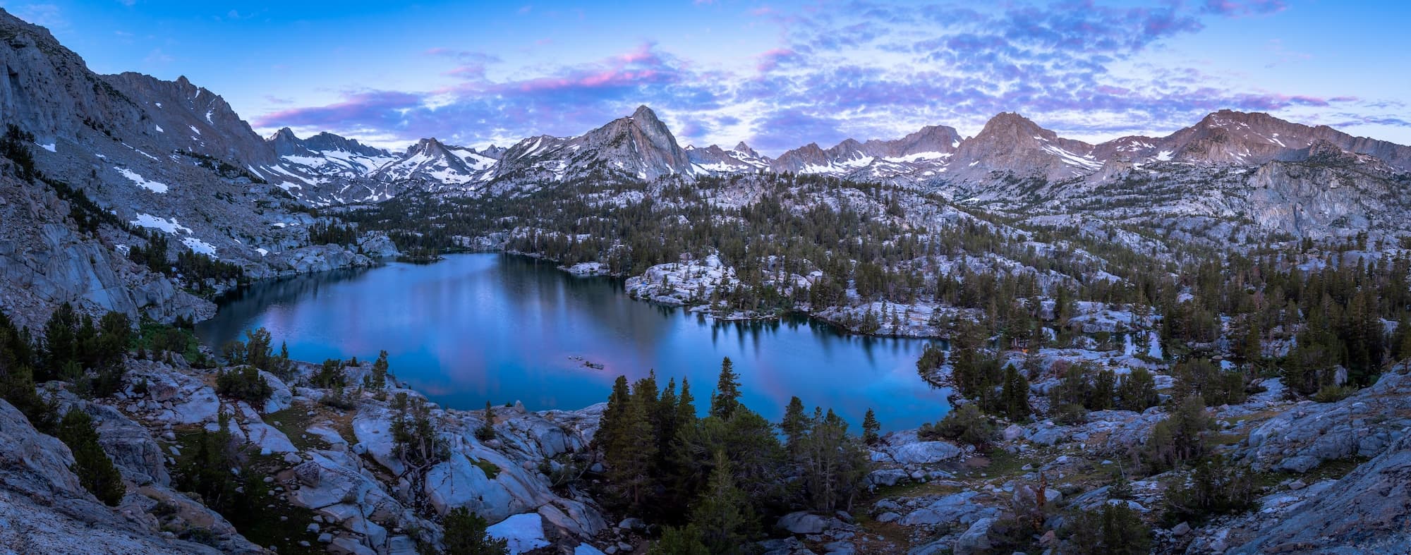 Panoramic morning shot of Blue Lake in the Sabrina Basin. Photo by Brock Dallman