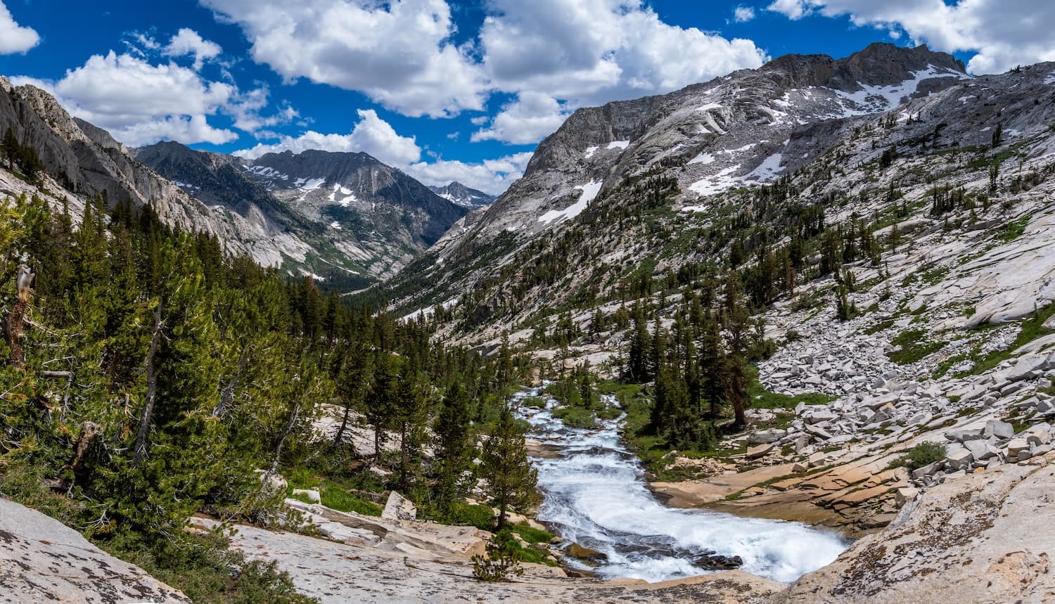 Raging waterfall along the John Muir Trail in Kings Canyon National Park
