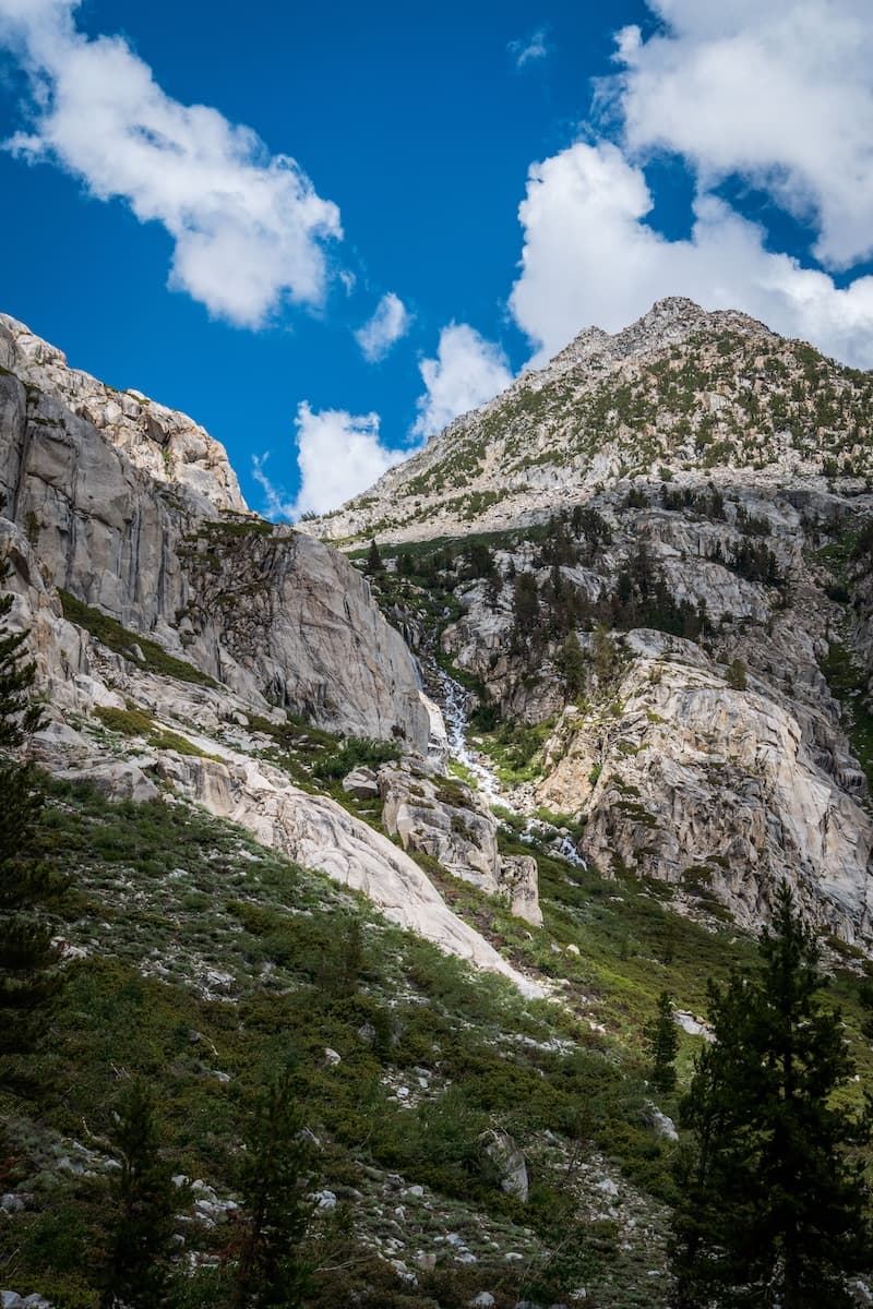Raging waterfall along the John Muir Trail in Kings Canyon National Park