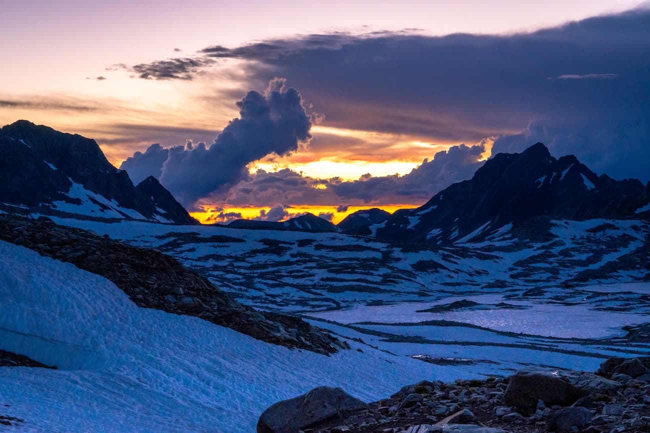 Beautiful sunset at Muir Pass on the John Muir Trail in Kings Canyon National Park.