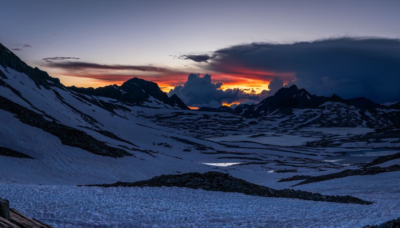 Beautiful sunset at Muir Pass on the John Muir Trail in Kings Canyon National Park.