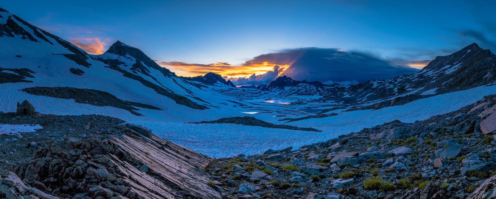 Beautiful sunset at Muir Pass on the John Muir Trail in Kings Canyon National Park.