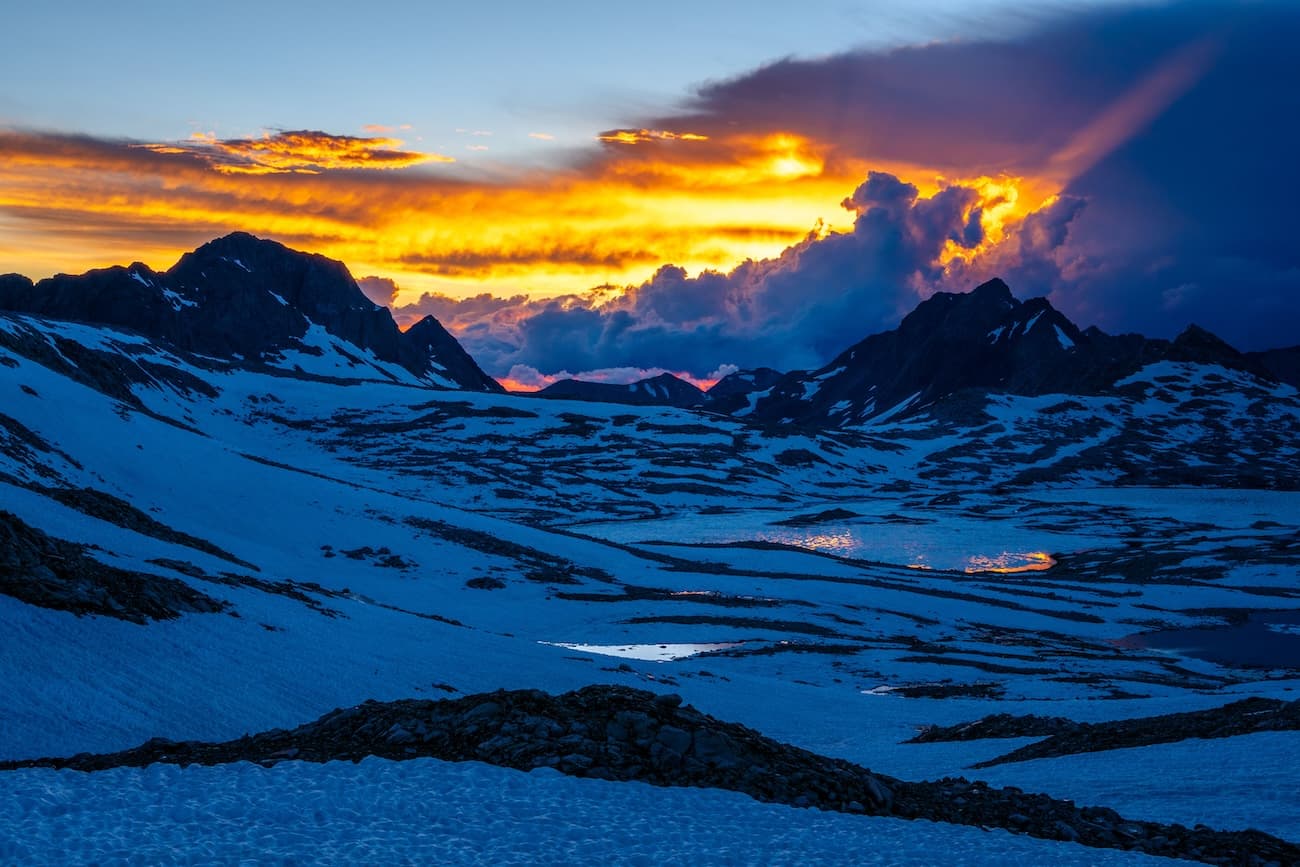 Beautiful sunset at Muir Pass on the John Muir Trail in Kings Canyon National Park.