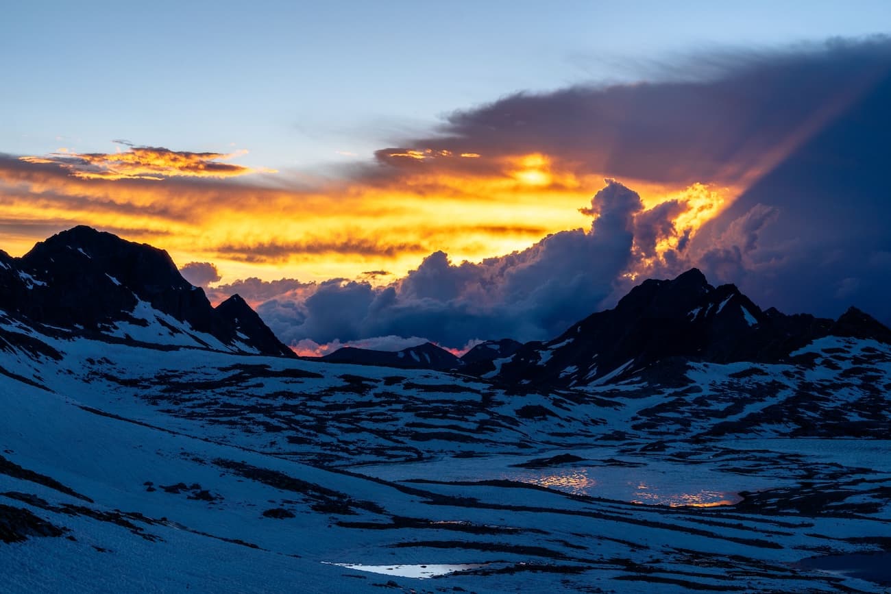 Beautiful sunset at Muir Pass on the John Muir Trail in Kings Canyon National Park.