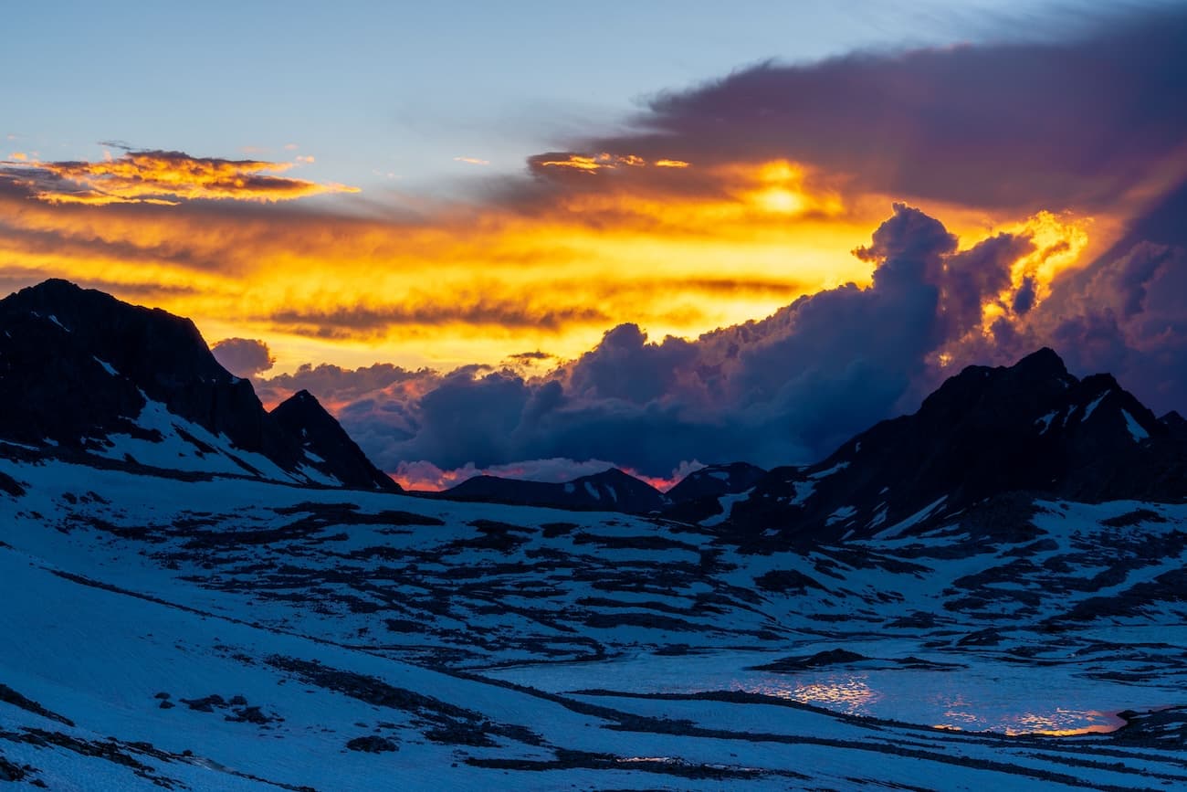 Beautiful sunset at Muir Pass on the John Muir Trail in Kings Canyon National Park.