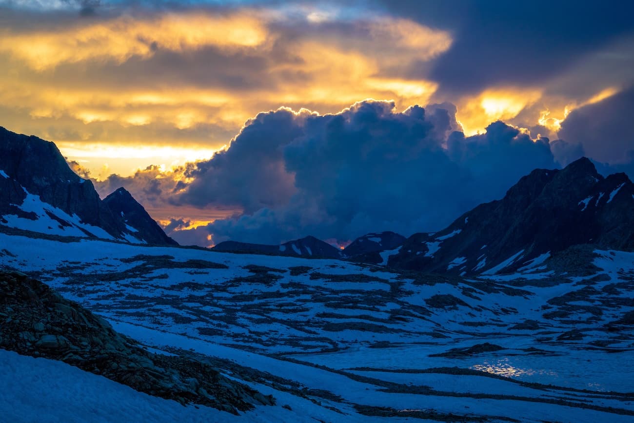 Beautiful sunset at Muir Pass on the John Muir Trail in Kings Canyon National Park.