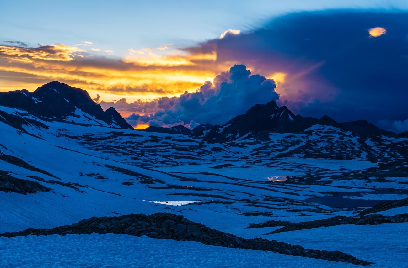 Beautiful sunset at Muir Pass on the John Muir Trail in Kings Canyon National Park.