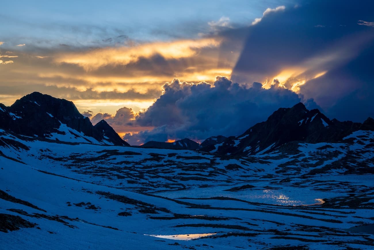Beautiful sunset at Muir Pass on the John Muir Trail in Kings Canyon National Park.