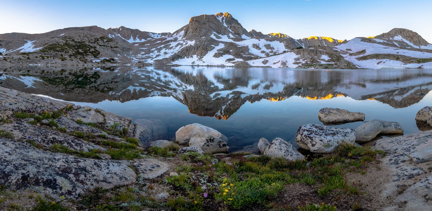 Morning reflection of Muriel Peak over Muriel Lake