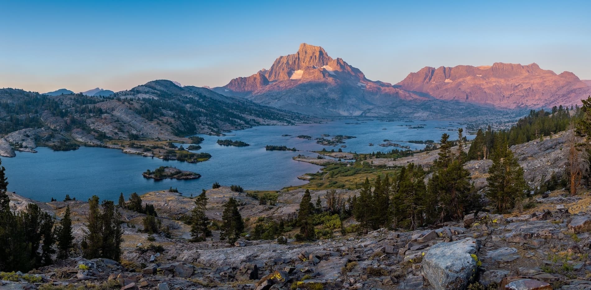 Panoramic view of Thousand Island Island Lake in the Sierras. Photo by Brock Dallman