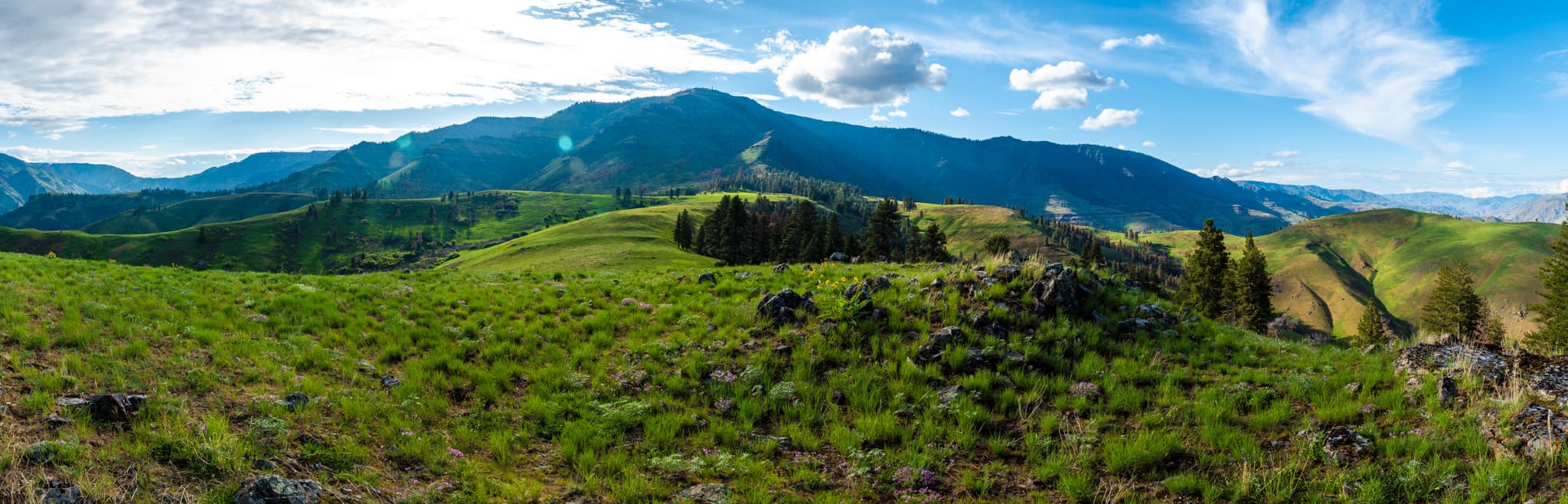 Panorama of Hat Point and the green grassy bench below at Hells Canyon