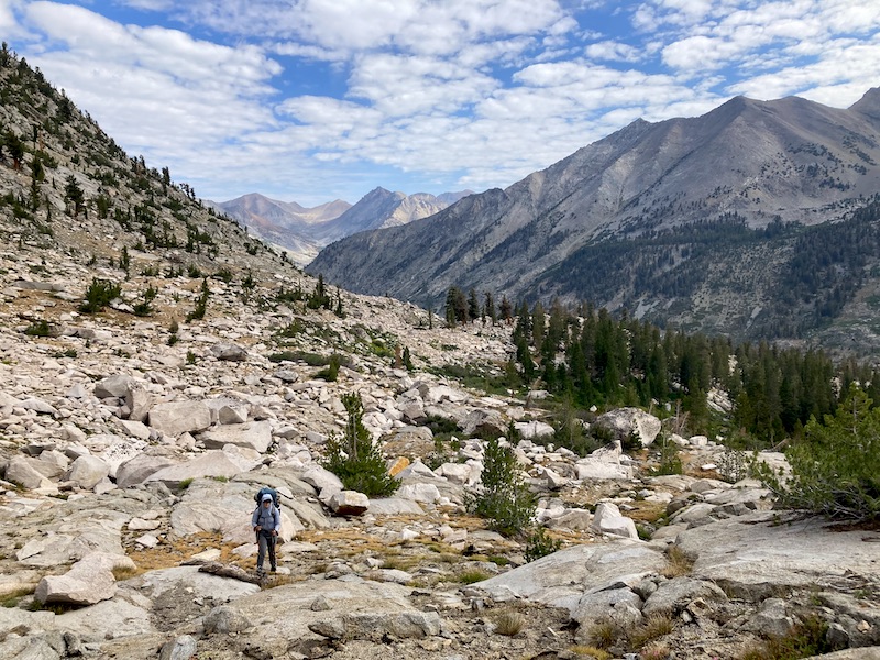 Sam Stych hiking offtrail towards the Sixty Lake Basin in Kings Canyon National Park