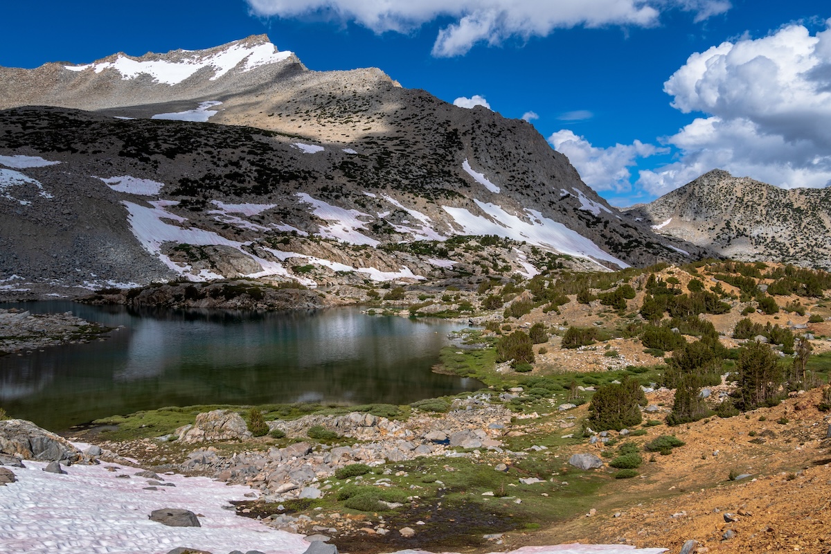 Bishop Lake and Ledge Lake from Bishop Pass in the Eastern Sierras.