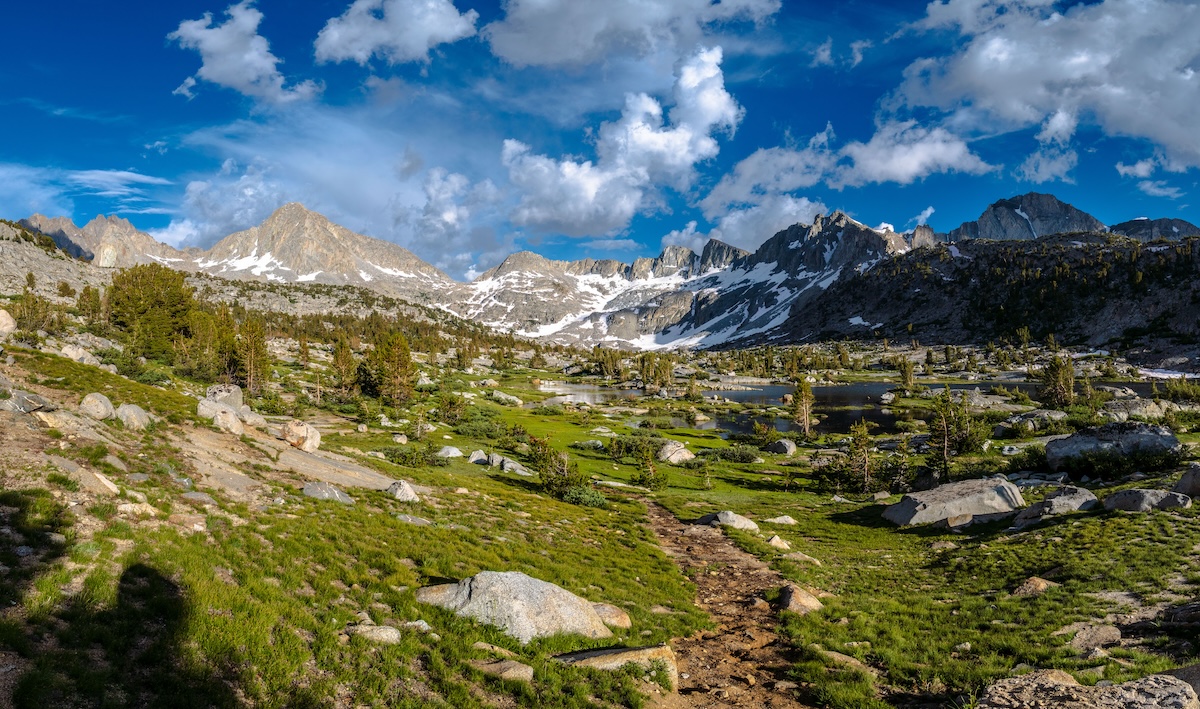 Panorama of lakes in the lower Dusy basin in kings Canyon National Park in the Sierras