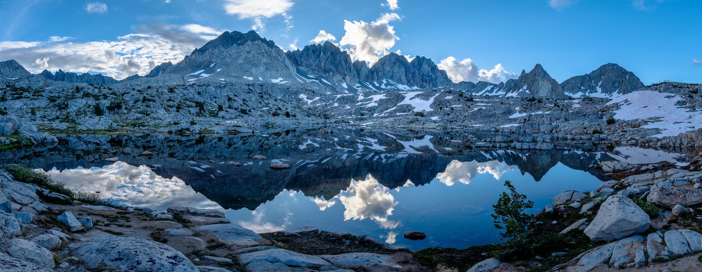 Morning reflection at an alpine lake in the Dusy Basin of Kings Canyon National Park in the Sierras