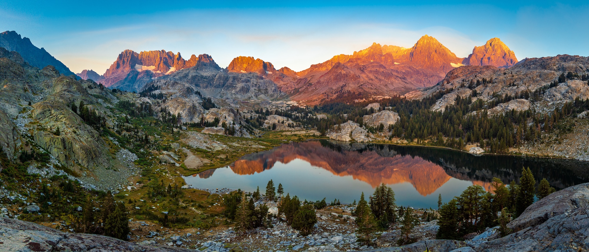 Epic panorama of Ediza Lake in the Sierras. Photo by Brock Dallman