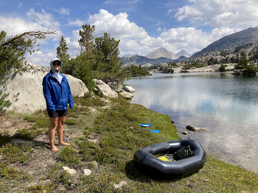 Sam Stych by a packraft at Marie Lake in California's Sierra Nevada Range
